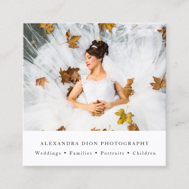 Modern elegant minimal wedding photography square business card (Front)
