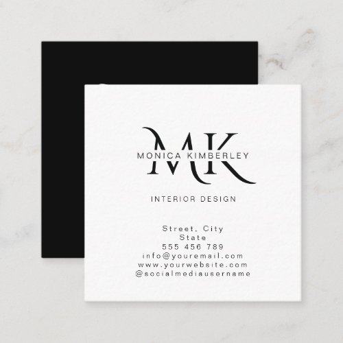 Modern Elegant Minimalist Black and White Monogram Square Business Card
