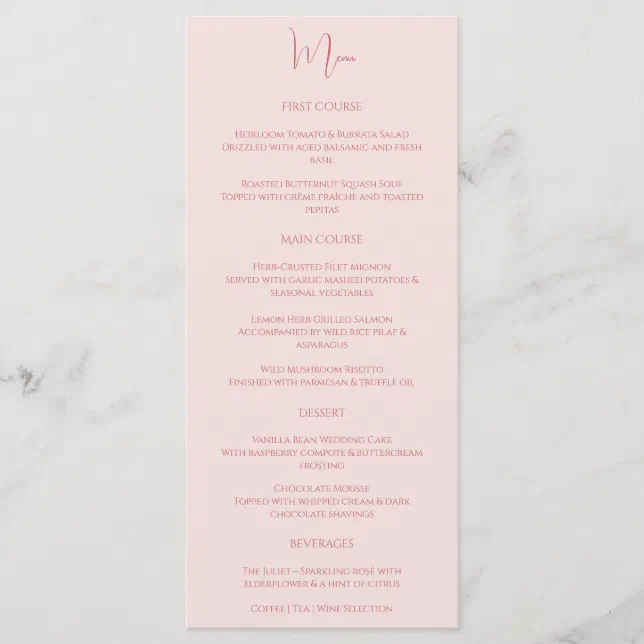 Modern Elegant Minimalist Blush Pink Romeo Juliet Menu