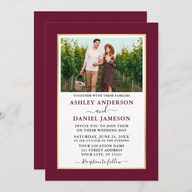 Modern Elegant Minimalist Burgundy Wedding Invitation (Front/Back)