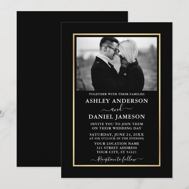 Modern Elegant Minimalist BW Photo Wedding Invitation (Front/Back)