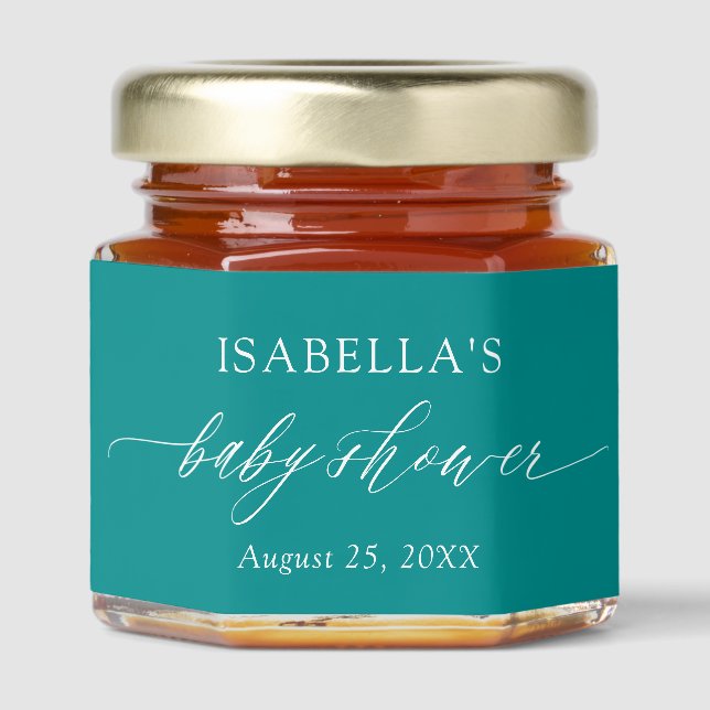 Modern Elegant Minimalist Dark Cyan Baby Shower Honey Jar Favors (Front)