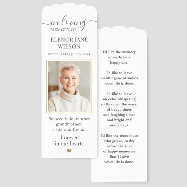 Modern Elegant Minimalist Funeral Memorial Photo Bookmarks (Front & Back)