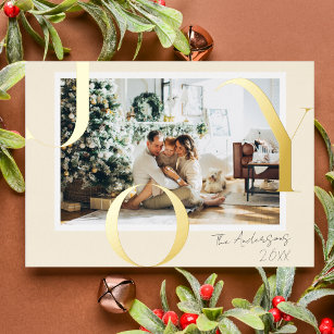 Modern Elegant Minimalist JOY Christmas Photo Foil Holiday Card