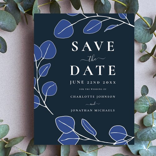 Modern Elegant Minimalist Leaf Blue Wedding Save The Date