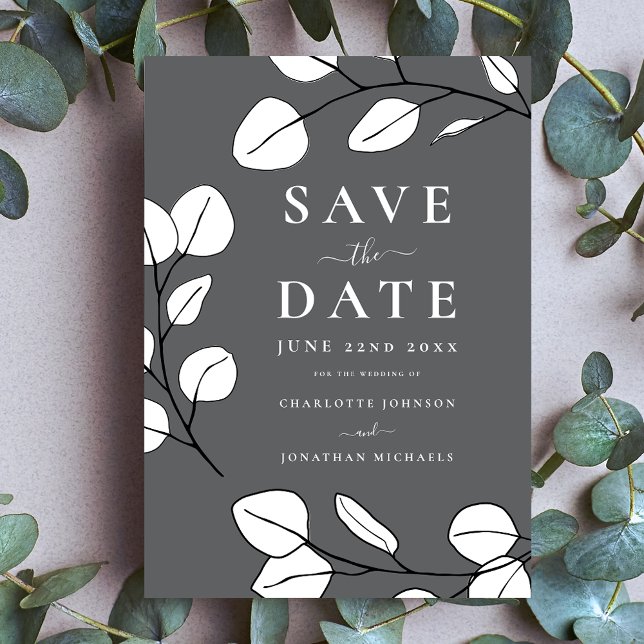 Modern Elegant Minimalist Leaf Gray Wedding  Save The Date (Minimalist eucalyptus leaves modern stylish gray wedding save the date invitation )
