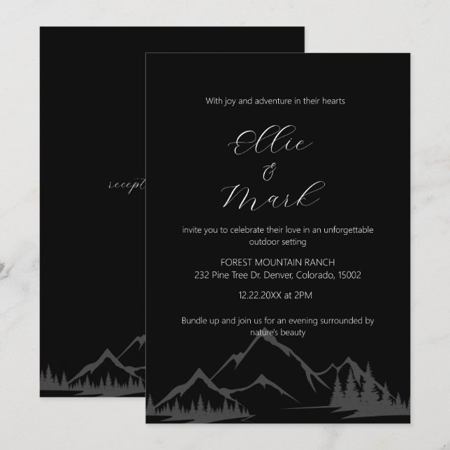Modern Elegant Minimalist Mountain Black Wedding  Invitation (Front/Back)