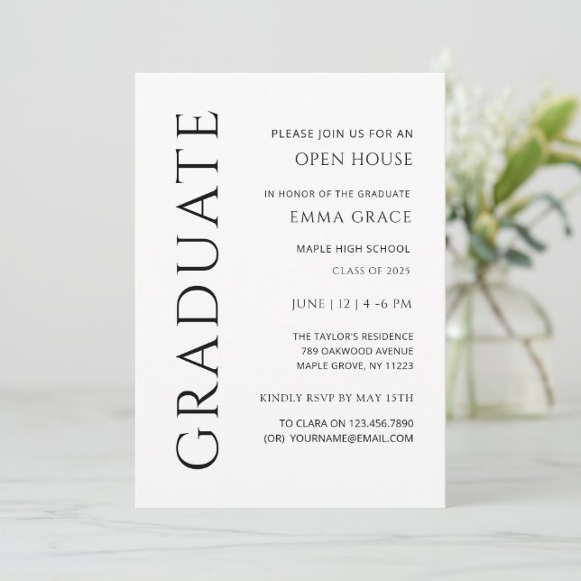 Modern Elegant Minimalist Open house Graduation  Invitation (Standing Front)