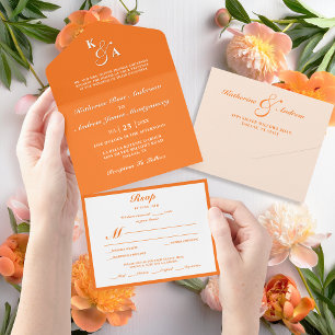 Modern Elegant Minimalist Orange Monogram Wedding All In One Invitation
