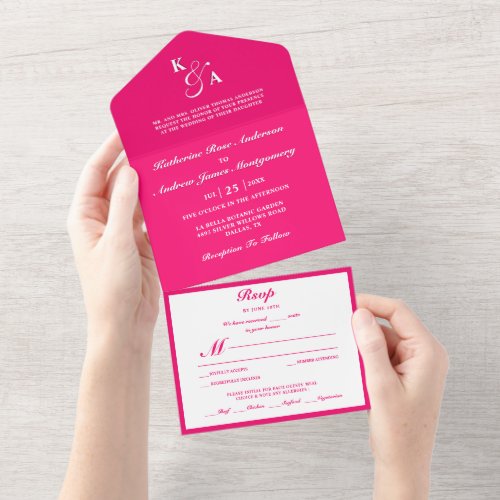 Modern Elegant Minimalist Pink Monogram Wedding All In One Invitation