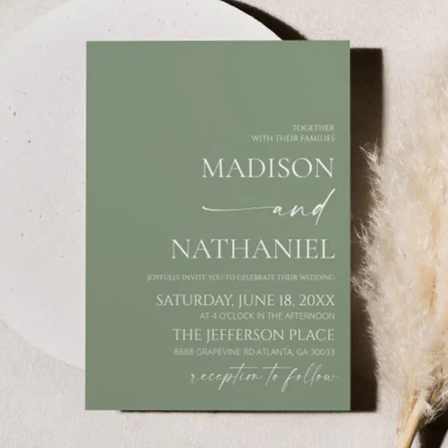 Modern Elegant Minimalist Sage Green Wedding Invitation | Zazzle