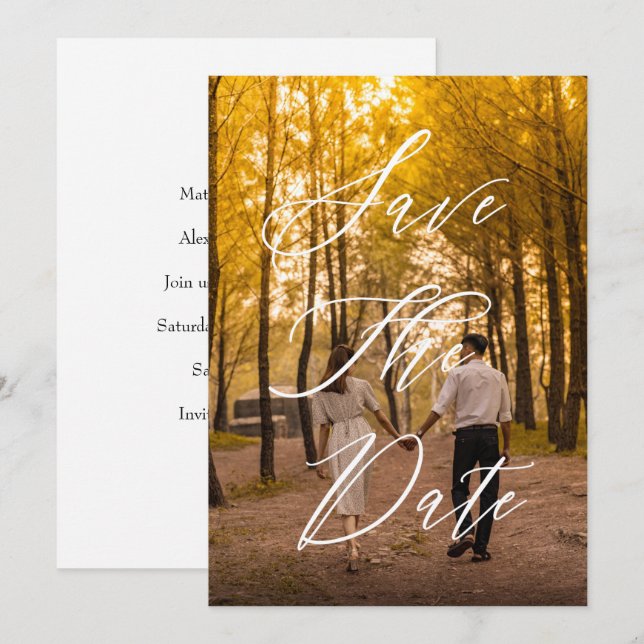 Modern Elegant Minimalist Script Overlay Photo  Save The Date (Front/Back)