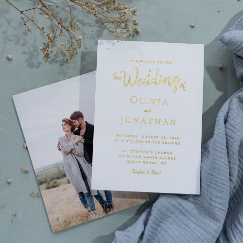 Modern Elegant Minimalist Script Photo Wedding Foil Invitation