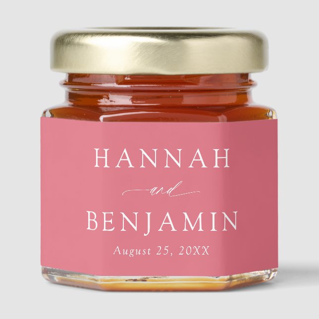 Modern Elegant Minimalist Watermelon Pink Wedding Honey Jar Favors (Front)