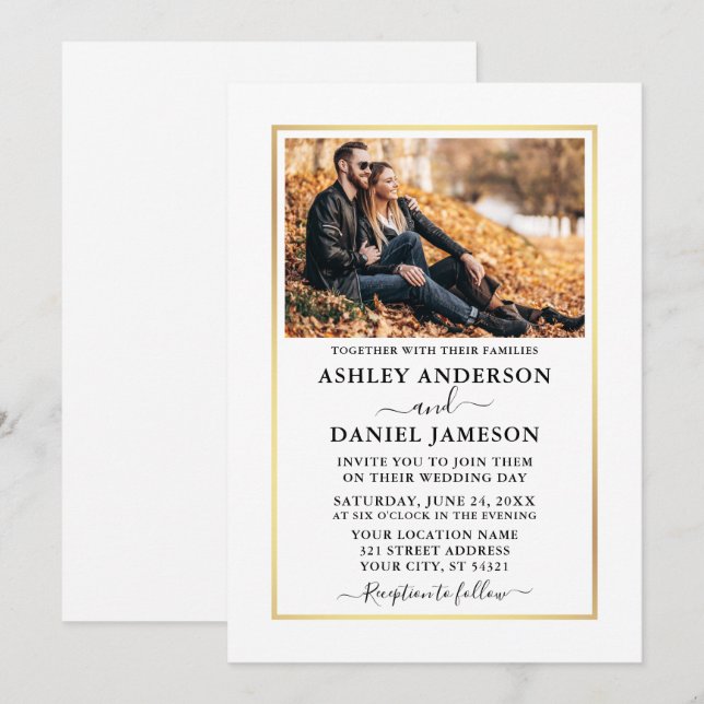 Modern Elegant Minimalist White Gold Photo Wedding Invitation (Front/Back)