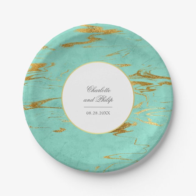 Modern Elegant Mint and Faux Gold Foil Wedding Paper Plates (Front)