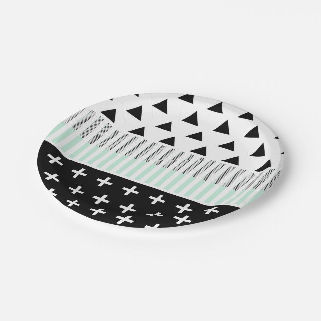 Modern Elegant Mint, Black,  & White Shapes Paper Plates (Angled)