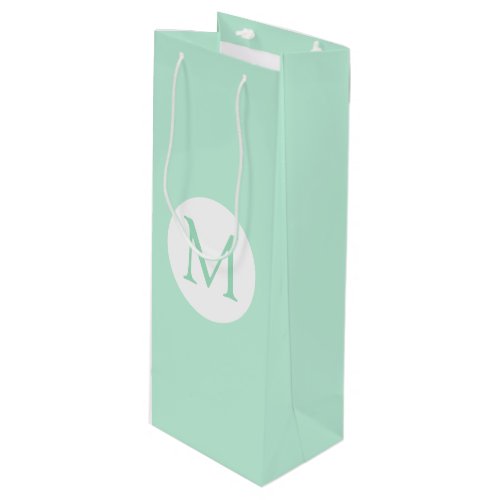 Modern Elegant Mint Green Color White Monogram Wine Gift Bag