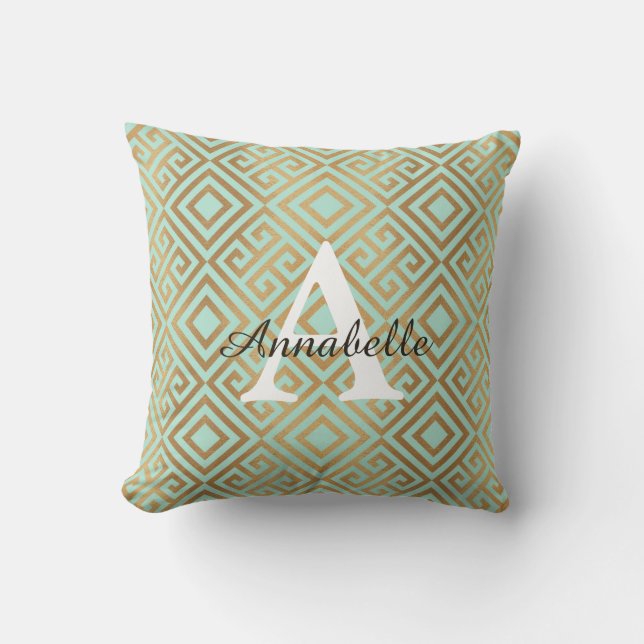 Modern Elegant Mint Green Gold Monogram Throw Pillow (Front)