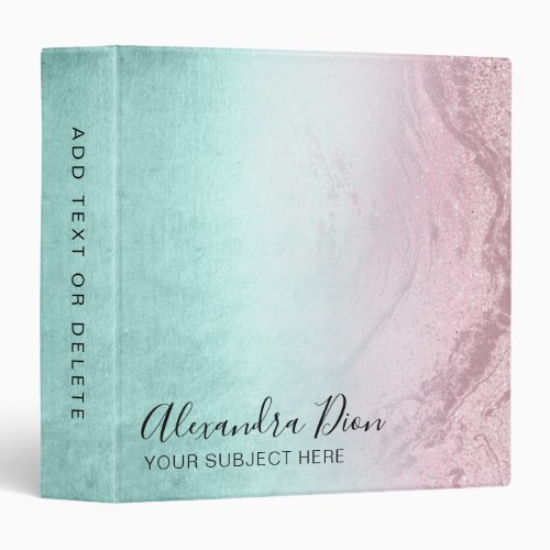 Modern elegant mint pink rose gold glitter marble 3 ring binder