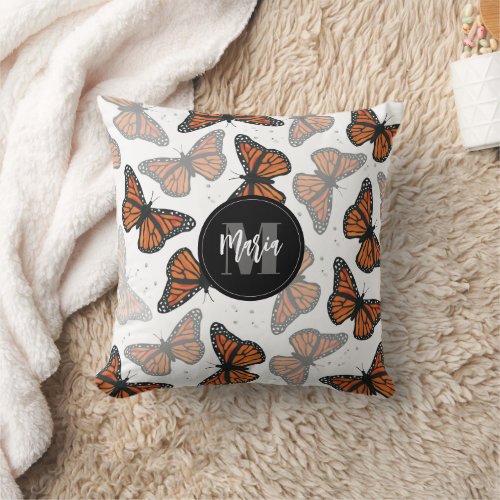 Modern Elegant Monarch Butterfly Monogrammed Throw Pillow
