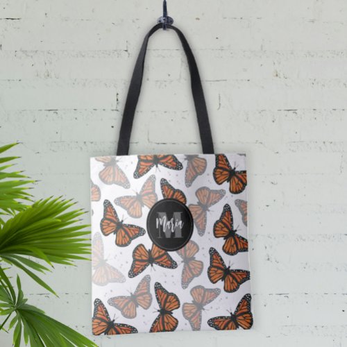 Modern Elegant Monarch Butterfly Monogrammed  Tote Bag