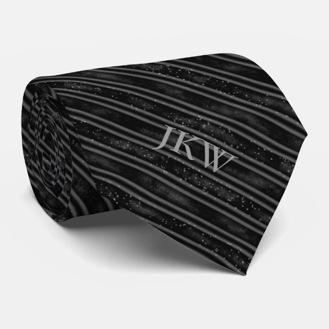 Modern Elegant Monogram Black and Grey Striped  Neck Tie (Rolled)