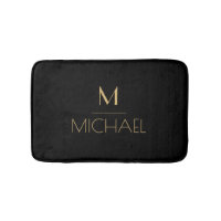 Modern Elegant Monogram Black & Gold Bath Mat