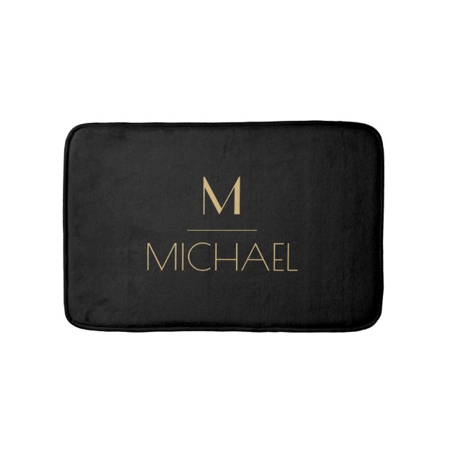 Modern Elegant Monogram  Black & Gold  Bath Mat (Front)