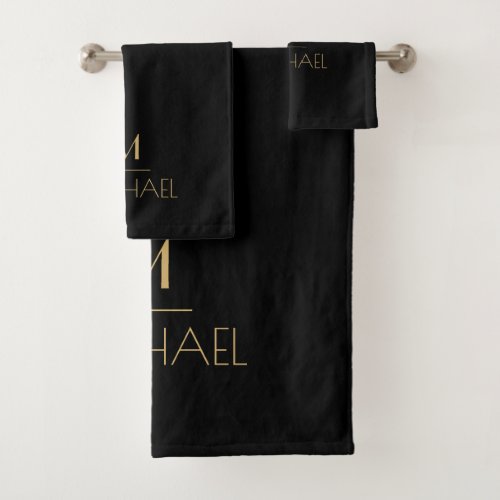 Modern Elegant Monogram  Black  Gold  Bath Mat Bath Towel Set