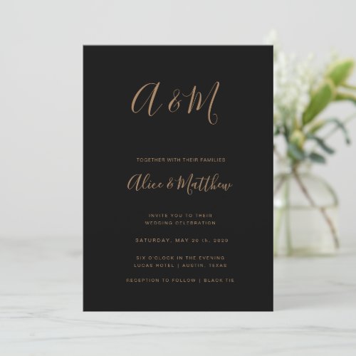 Modern Elegant Monogram Black Gold Wedding Invitation