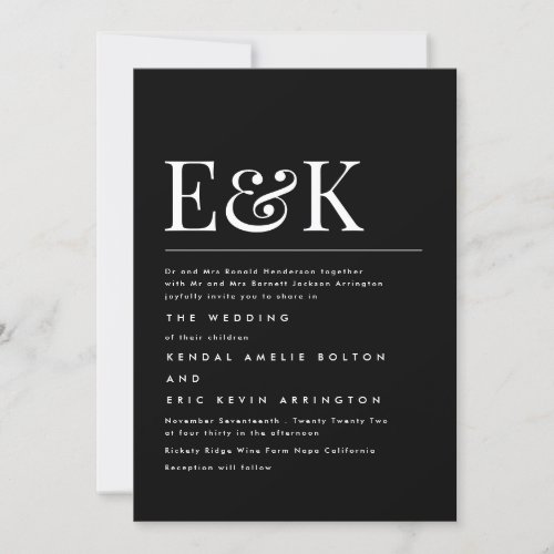 Modern Elegant Monogram Black White Wedding Invitation