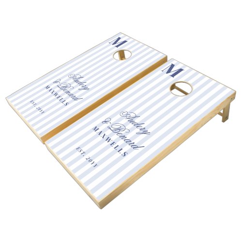 Modern Elegant Monogram Blue White Stripes Wedding Cornhole Set