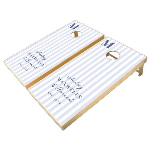 Modern Elegant Monogram Blue White Stripes Wedding Cornhole Set