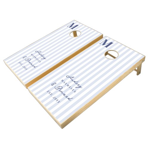 Modern Elegant Monogram Blue White Stripes Wedding Cornhole Set