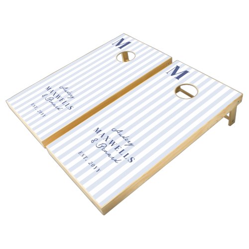 Modern Elegant Monogram Blue White Stripes Wedding Cornhole Set