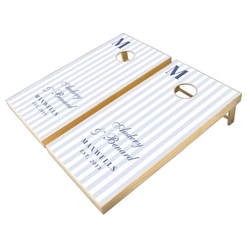 Modern Elegant Monogram Blue White Stripes Wedding Cornhole Set