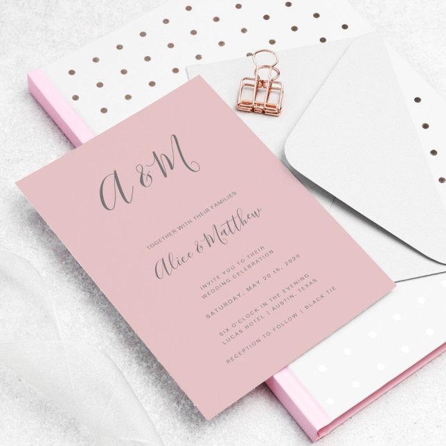 Modern Elegant Monogram Blush Grey Wedding Invitation (Creator Uploaded)