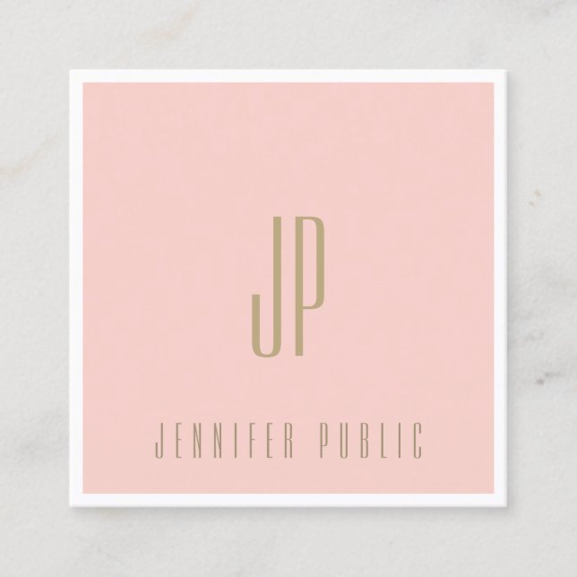 Modern Elegant Monogram Blush Pink Gold Font Plain Square Business Card (Front)