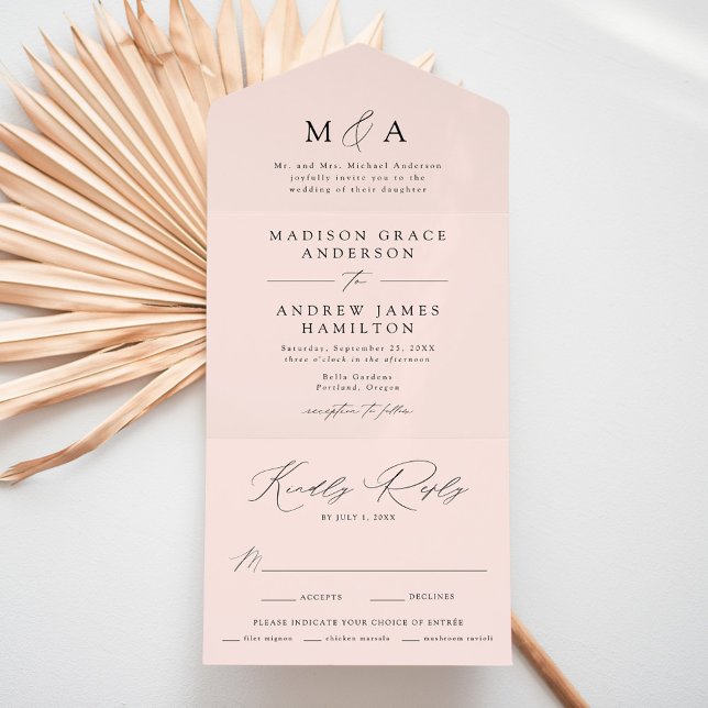 Modern Elegant Monogram Blush Wedding All In One Invitation (Creator Uploaded)