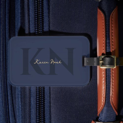 Modern Elegant Monogram Dark Blue Gold Luggage Tag