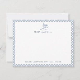 Modern Elegant Monogram Dusty Blue Gingham Checks Note Card