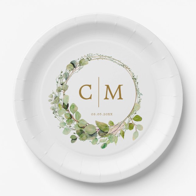 Modern, elegant monogram, eucalyptus wedding  paper plates (Front)