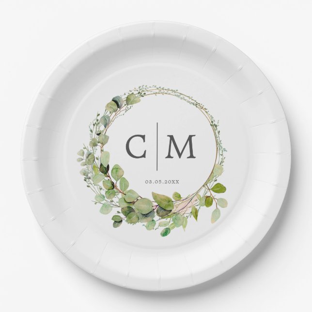 Modern, elegant monogram, eucalyptus wedding  paper plates (Front)