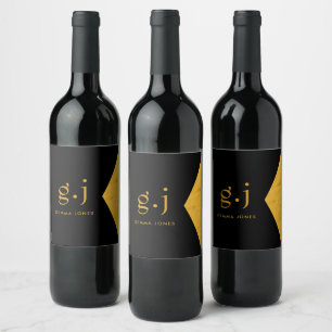 Modern Elegant Monogram Gold Black Faux Foil Wine Label