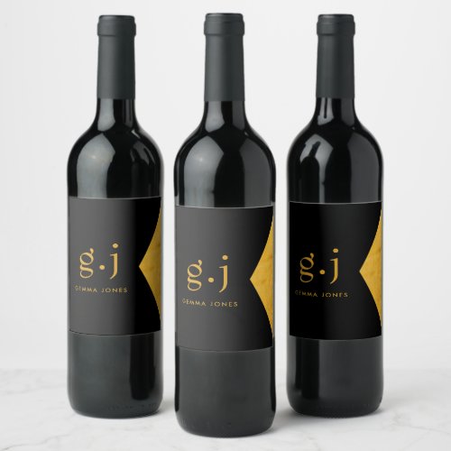 Modern Elegant Monogram Gold Black Faux Foil  Wine Label