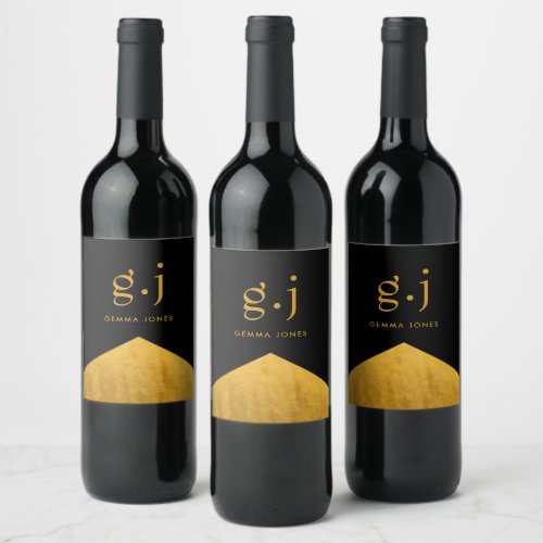 Modern Elegant Monogram Gold Black Faux Foil  Wine Label