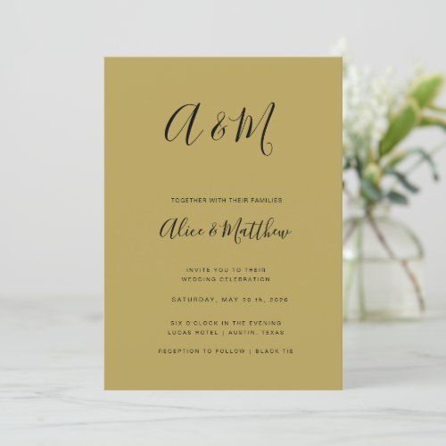Modern Elegant Monogram Gold Black Wedding Invitation