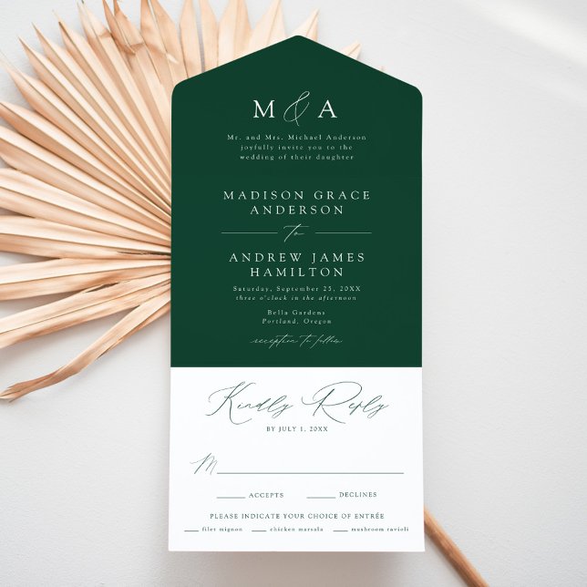 Modern Elegant Monogram Green Wedding All In One Invitation (Creator Uploaded)