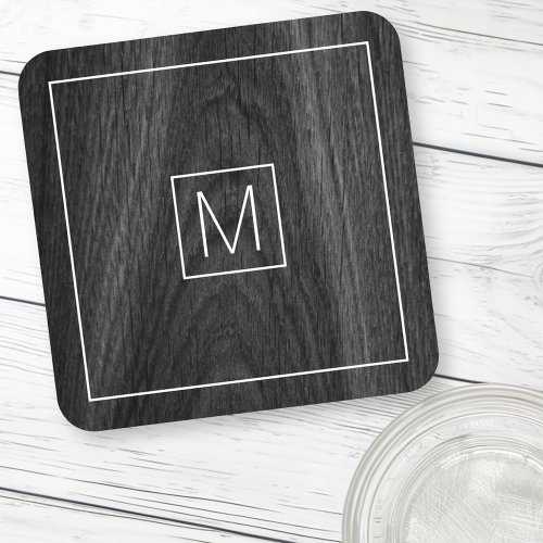 Modern elegant monogram initial black wood grain beverage coaster
